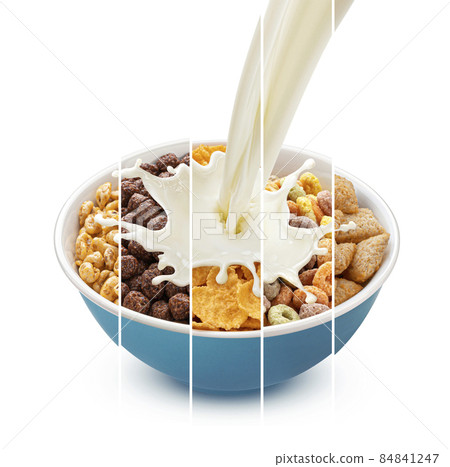 Cereal breakfast collage, granola and corn flakes with pouring milk 84841247