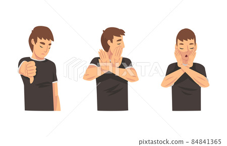Young Man Showing Thumb Down and Stop Gesture with His Palm Hand Vector Set Young Man Showing Thumb Down and Stop Gesture with His Palm Hand Vector Set 84841365