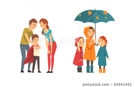 Kind and Fair Little Boy Doing Justice Holding Umbrella Protecting Girl and Wearing Superhero Cloak Vector Set Kind and Fair Little Boy Doing Justice Holding Umbrella Protecting Girl and Wearing Superhero Cloak Vector Set 84841441