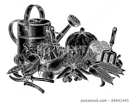 Gardening Tools Vegetables Produce Vintage Woodcut Gardening Tools Vegetables Produce Vintage Woodcut 84841445