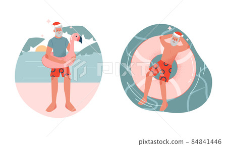 Santa Claus in Red Hat with Rubber Ring Floating Vector Set Santa Claus in Red Hat with Rubber Ring Floating Vector Set 84841446