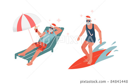 Santa Claus in Red Hat Surfboarding and Sunbathing on Sunbed Drinking Cocktail Vector Set Santa Claus in Red Hat Surfboarding and Sunbathing on Sunbed Drinking Cocktail Vector Set 84841448