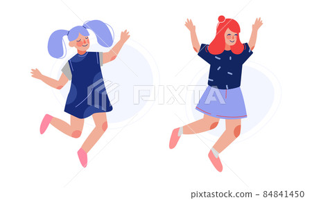 Positive Girl Jumping with Joy and Excitement Rejoicing Vector Set Positive Girl Jumping with Joy and Excitement Rejoicing Vector Set 84841450