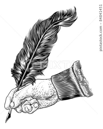 Quill Feather Ink Pen Hand Vintage Woodcut Print Quill Feather Ink Pen Hand Vintage Woodcut Print 84841451
