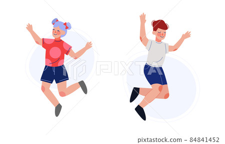 Positive Boy and Girl Jumping with Joy and Excitement Rejoicing Vector Set Positive Boy and Girl Jumping with Joy and Excitement Rejoicing Vector Set 84841452