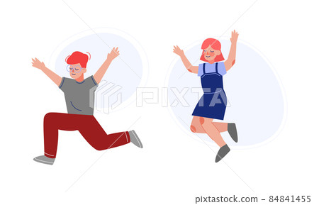 Positive Boy and Girl Jumping with Joy and... - Stock Illustration ...