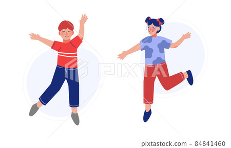 Positive Boy and Girl Jumping with Joy and... - Stock Illustration ...