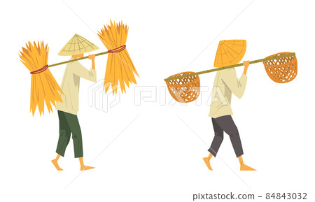 Asian Farmer in Conical Hat Carrying Basket and Straw Bundle Vector Set Asian Farmer in Conical Hat Carrying Basket and Straw Bundle Vector Set 84843032