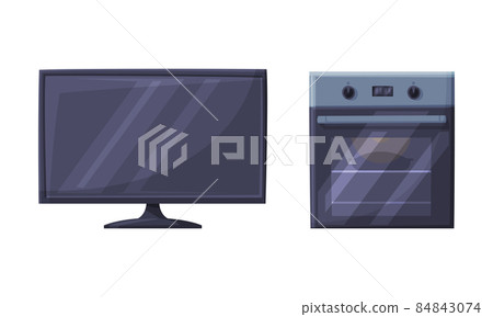 Oven and TV set as Home or Household Electric Appliance Vector Set 84843074