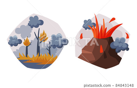 Environmental Pollution Cause and Source with Wildfire and Volcanic Eruption Vector Set Environmental Pollution Cause and Source with Wildfire and Volcanic Eruption Vector Set 84843148