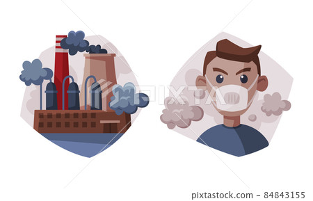 Environmental Pollution Cause and Source with Plant Chimney Waste Emission and Man Wearing Mask Vector Set Environmental Pollution Cause and Source with Plant Chimney Waste Emission and Man Wearing Mask Vector Set 84843155