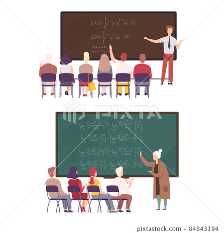 Man and Woman University Professor Standing in Front of Chalkboard Explaining Lesson and Student Sitting on Chair Vector Set 84843194