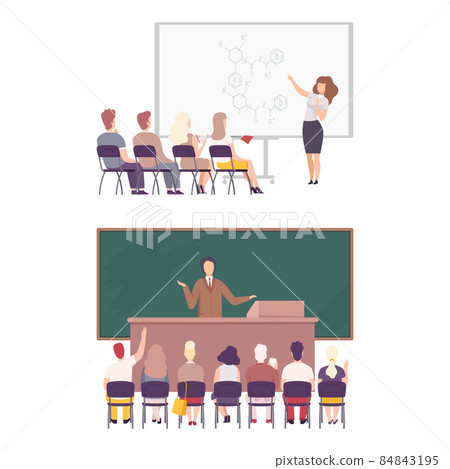 Man and Woman University Professor Standing in Front of Chalkboard Explaining Lesson and Student Sitting on Chair Vector Set 84843195