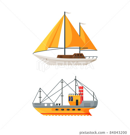 Sailing Yacht or Boat with Mast as Watercraft or Swimming Water Vessel Vector Set 84843200