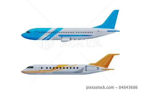 Flying Airliner or Airplane for Transporting Passengers Side View Vector Set 84843686