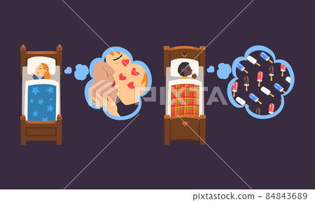 Cute Boy and Girl Sleeping in Bed Under Blanket and Dreaming About Kisses and Ice Cream Vector Set 84843689