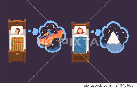 Cute Boy and Girl Sleeping in Bed Under Blanket and Dreaming About Climbing Mountain and Riding Dragon Vector Set 84843693