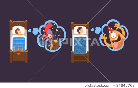 Cute Boy Sleeping in Bed Under Blanket and Dreaming Vector Set Cute Boy Sleeping in Bed Under Blanket and Dreaming Vector Set 84843702