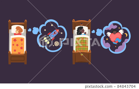 Cute Boy and Girl Sleeping in Bed Under Blanket and Dreaming Vector Set 84843704