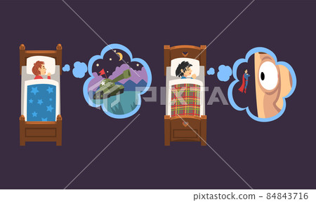 Cute Boy Sleeping in Bed Under Blanket and Dreaming About Superhero and Tank Vector Set 84843716