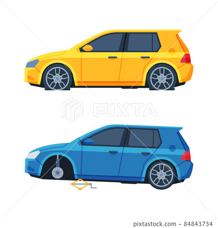 Traffic or Car Accident with Collapsed Tire on the Road Vector Set Traffic or Car Accident with Collapsed Tire on the Road Vector Set 84843734