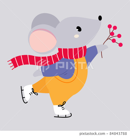 Cute Mouse Animal Wearing Scarf Ice Skating Enjoying Winter Season Vector Illustration 84843788