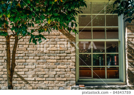 Vintage glass window on brown brick wall with green tree 84843789