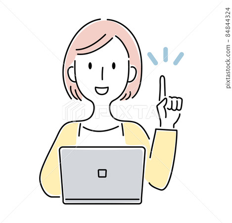 Hand-drawn style ・ Vector illustration of a woman explaining with a finger in front of a computer Hand-drawn style ・ Vector illustration of a woman explaining with a finger in front of a computer 84844324