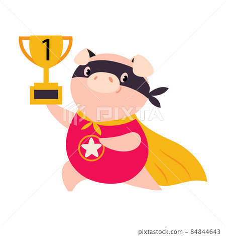 Pink Pig Superhero Character in Eye Mask and Cloak Holding Golden Cup Vector Illustration Pink Pig Superhero Character in Eye Mask and Cloak Holding Golden Cup Vector Illustration 84844643
