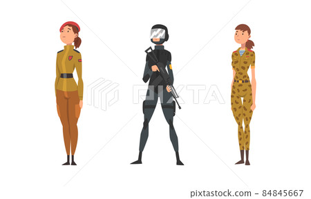 Young Woman Soldier or Officer in Combat Uniform with Assault Rifle Vector Set Young Woman Soldier or Officer in Combat Uniform with Assault Rifle Vector Set 84845667