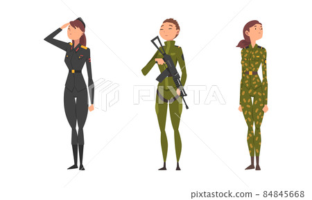Young Woman Soldier or Officer in Combat Uniform with Assault Rifle Vector Set Young Woman Soldier or Officer in Combat Uniform with Assault Rifle Vector Set 84845668