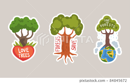 Go Green Sticker with Forest Tree with Green Crown and Trunk Vector Set 84845672