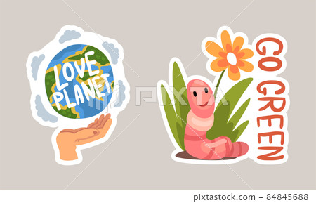 Go Green Sticker with Worm in Grass and Globe on Human Hand Vector Set Go Green Sticker with Worm in Grass and Globe on Human Hand Vector Set 84845688
