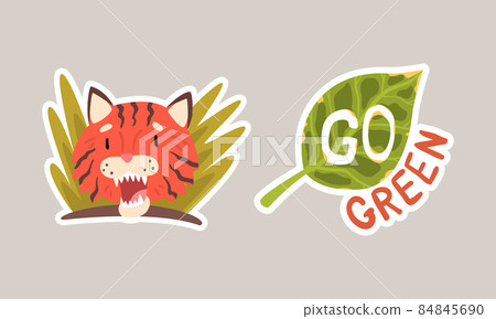 Go Green Sticker with Tiger in Bush and Green Leaf Vector Set Go Green Sticker with Tiger in Bush and Green Leaf Vector Set 84845690