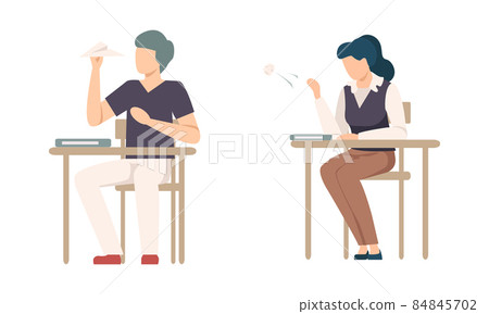 Bored Boy and Girl Pupil or Student Sitting at Desk Flying Paper Plane and Throwing Paper at Lesson Vector Set Bored Boy and Girl Pupil or Student Sitting at Desk Flying Paper Plane and Throwing Paper at Lesson Vector Set 84845702