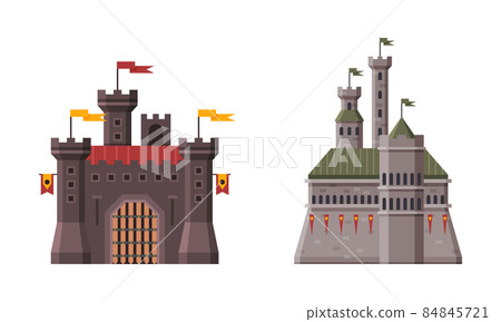 Medieval Castle with Tall Stone Tower and Flag... - Stock Illustration ...