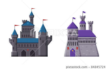 Medieval Castle with Tall Stone Tower and Flag... - Stock Illustration ...