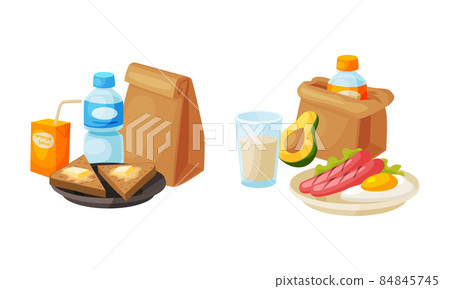 Kraft Paper Bag with Sausage with Scrambled Eggs and Bread Slice Vector Set 84845745