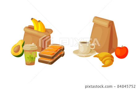 Kraft Paper Bag with Sandwich and Cup with Hot Drink Vector Set 84845752