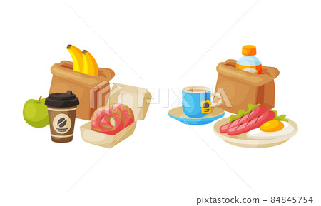 Kraft Paper Bag with Sausage, Hot Drink and Donut Vector Set Kraft Paper Bag with Sausage, Hot Drink and Donut Vector Set 84845754