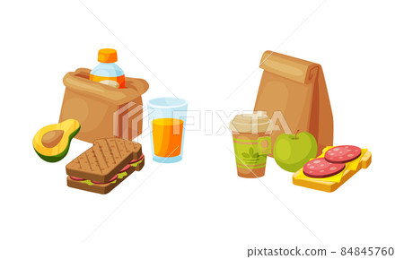 Kraft Paper Bag with Sandwich and Hot Drink Vector Set Kraft Paper Bag with Sandwich and Hot Drink Vector Set 84845760
