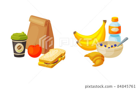 Kraft Paper Bag with Sandwich and Bowl of Porridge with Banana Vector Set Kraft Paper Bag with Sandwich and Bowl of Porridge with Banana Vector Set 84845761