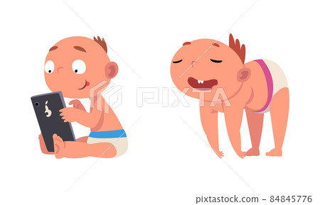 Funny Baby in Diaper Sitting with Smartphone Vector Set 84845776