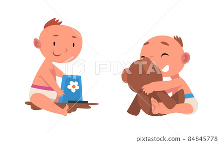 Funny Baby in Diaper Playing with Teddy Bear and Bucket Vector Set 84845778