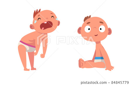 Funny Baby in Diaper Crying Out Loud and Sitting on Floor Vector Set 84845779