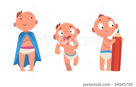 Funny Baby in Diaper Standing with Pencil and Wearing Cloak Vector Set 84845780