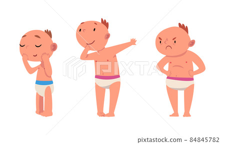 Funny Baby in Diaper Standing Sucking Finger and Feeling Angry Vector Set 84845782