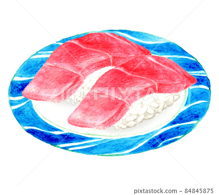 兩片金槍魚握壽司放在盤子上，日本料理的手繪水彩插圖素材 84845875