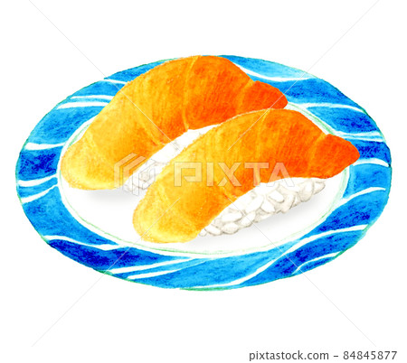 兩片三文魚握壽司放在盤子上，日本料理的手繪水彩插圖素材 84845877