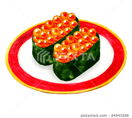 Two pieces of salmon roe on a plate, hand-painted watercolor illustration material of Japanese cuisine 84845886